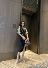 Two-Toned Button Detailed Strappy Off-Shoulder Dress